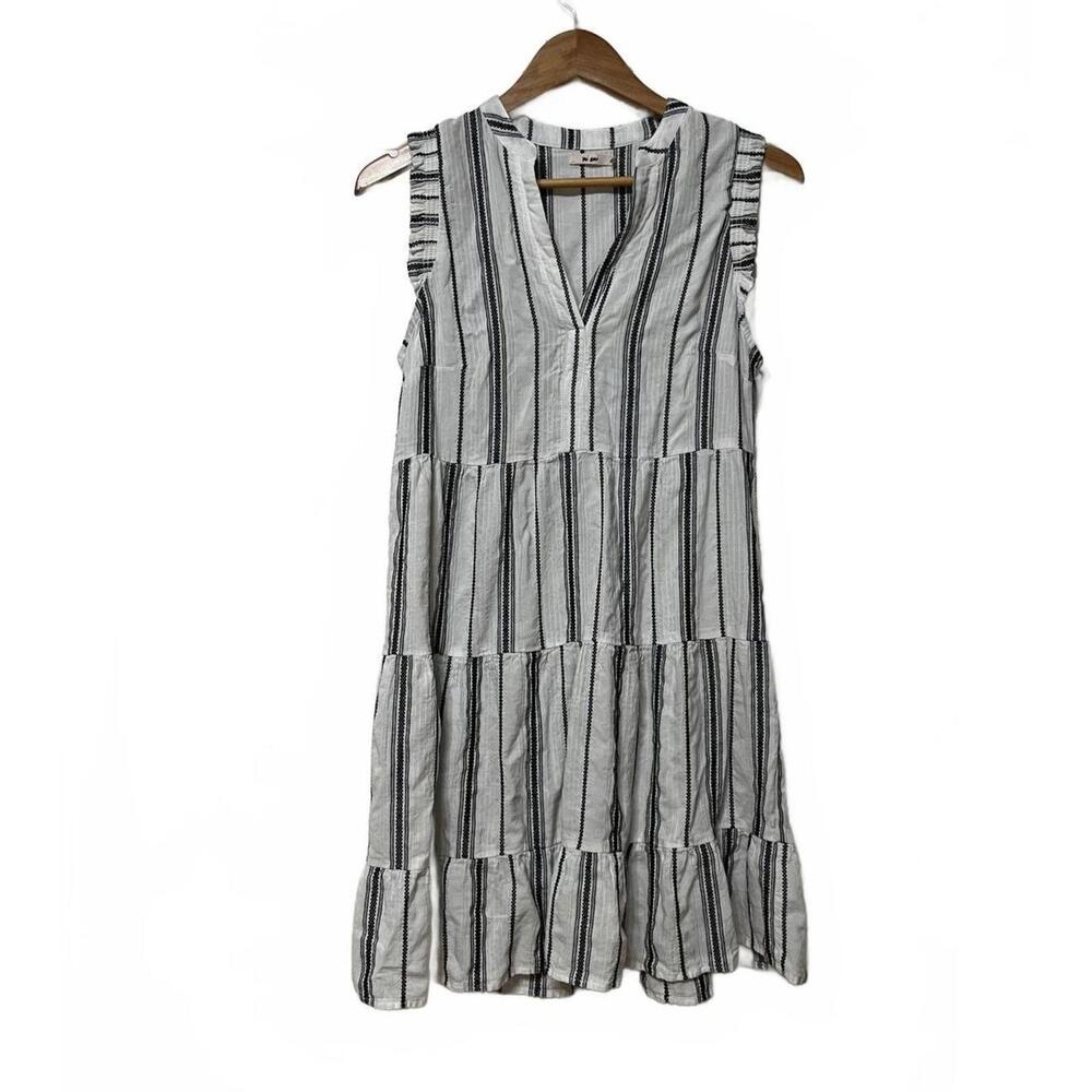 Boho Striped Tiered – Romantic Ruffle Sleeveless V-Neck Mini B&W Sundress Size M